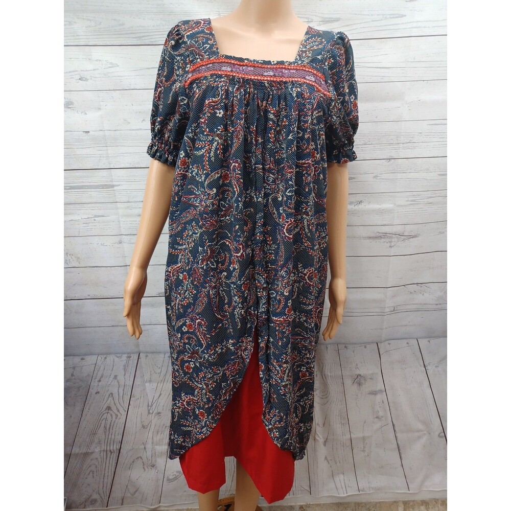 Housecoat Maternity Dress Blue Red Paisley Floral A-Line Tea Sz S